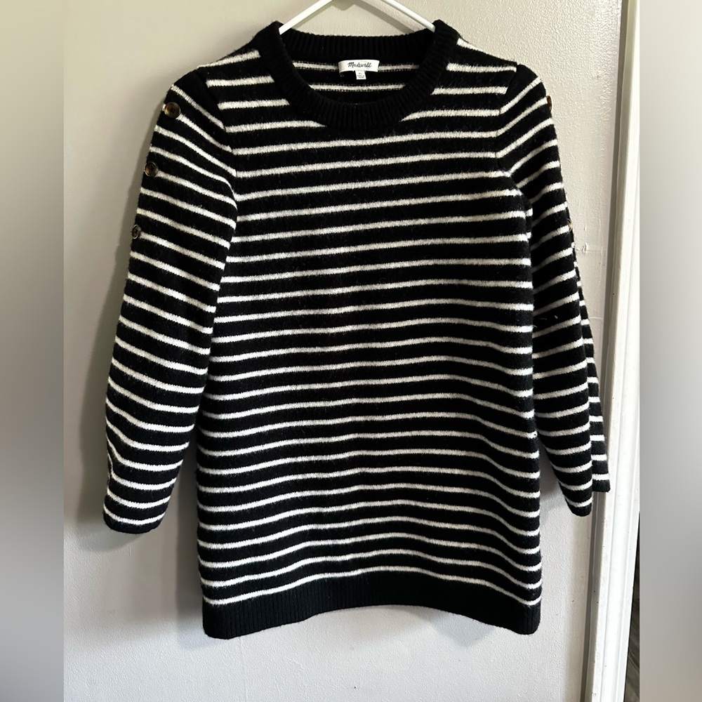 Madewell black and white striped sweater 100% merino wool womens size XL